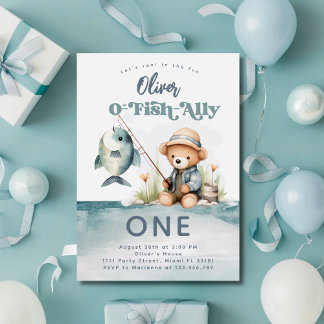 Geviste 1e verjaardagsjongen O-Fish-Ally Party Kaart