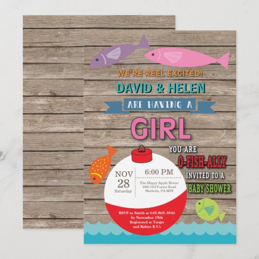 Geviste Baby shower Invitation Girl Fish Kaart (Voorkant / Achterkant)