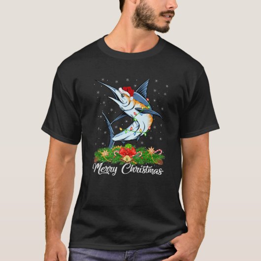 Geviste Lover Matching Santa Hat White Marlin Fish T-shirt (Voorkant)