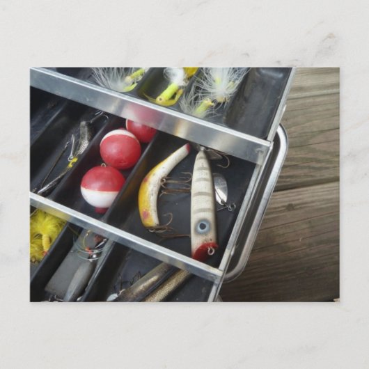 Geviste Tackle Box op houten dek Briefkaart (Voorkant)