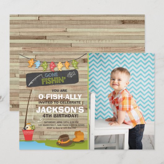 Geviste Verjaardagsuitnodiging Houten Vissende par Kaart (Voorkant / Achterkant)