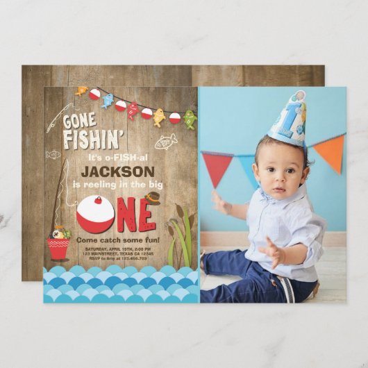Geviste Verjaardagsuitnodiging Houten Vissende par Kaart (Voorkant / Achterkant)