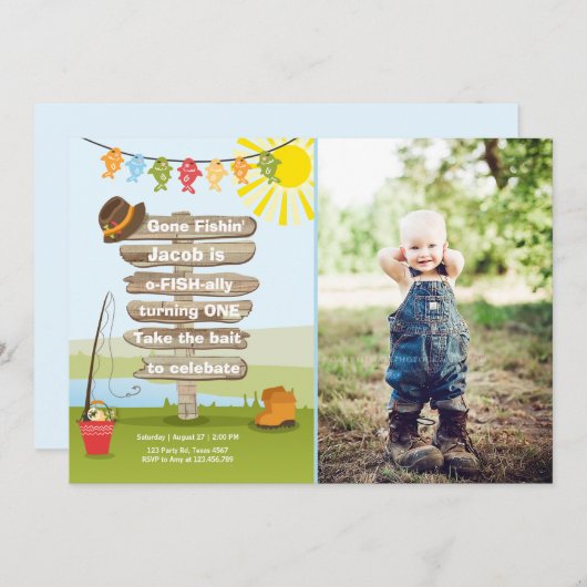 Geviste Verjaardagsuitnodiging Houten Vissende par Kaart (Voorkant / Achterkant)