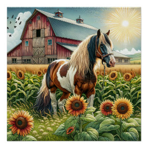 Gevlekt paard, landelijke schuur, zonsopgang op de perfect poster