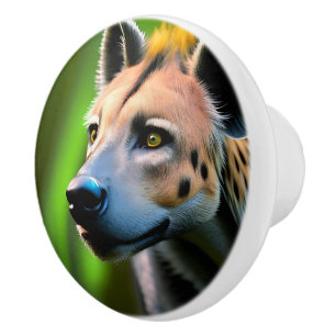 Gevlekt stalking hyena kijken naar zijn prooi, keramische knop
