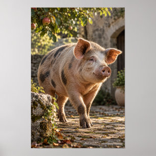 Gevlekt varken in zonnige boomgaard Dierlijke wand Poster