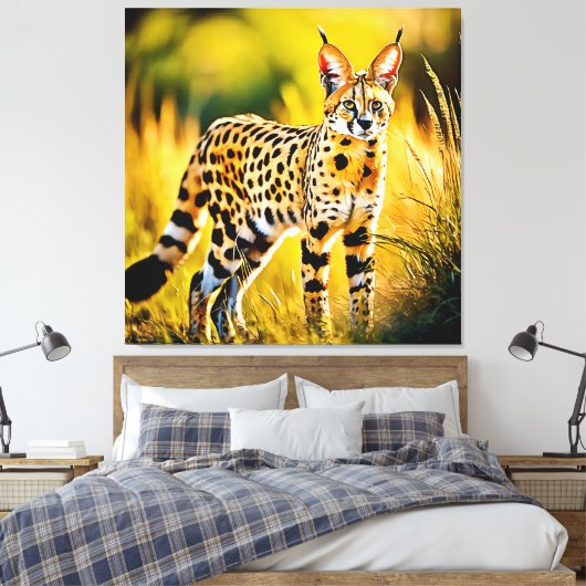 Gevlekte Afrikaanse Savannah Serval Cat Canvas Afdruk (Insitu (Slaapkamer))