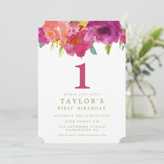 Gevlekte Floral Girls 1e verjaardag Invite Kaart (Staand voorkant)