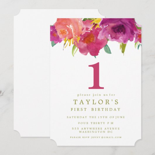 Gevlekte Floral Girls 1e verjaardag Invite Kaart (Voorkant / Achterkant)