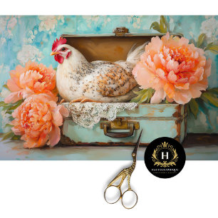Gevlekte Hen in Vintage Groene Koffer Decoupage Tissuepapier