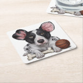 Gevlekte hond met basketbal en bot kartonnen onderzetters (Schuin)