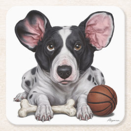 Gevlekte hond met basketbal en bot kartonnen onderzetters