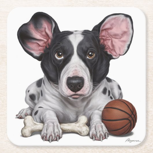 Gevlekte hond met basketbal en bot kartonnen onderzetters (Voorkant)