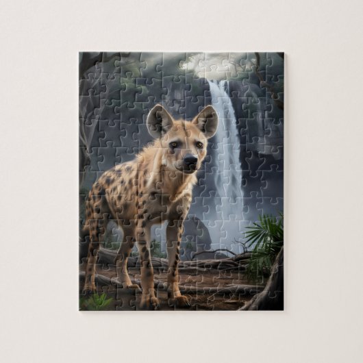 Gevlekte hyena bij de waterval van het bos legpuzzel (Verticaal)