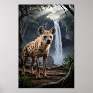 Gevlekte hyena bij de waterval van het bos poster