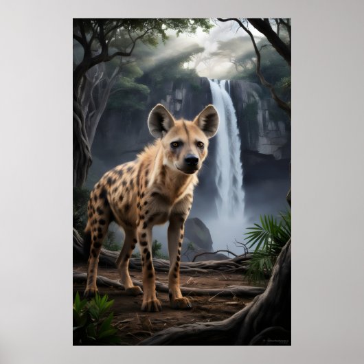 Gevlekte hyena bij de waterval van het bos poster (Voorkant)