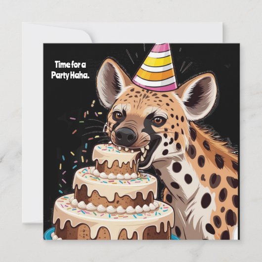 Gevlekte hyena met hoed die in taart bijt kaart (Voorkant)