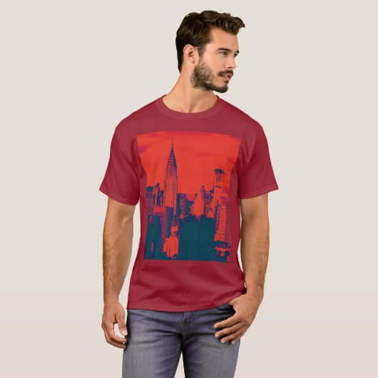 Gevlekte Pop Art Maroon Red New York City Kunstwer T-shirt (Voorkant volledig)