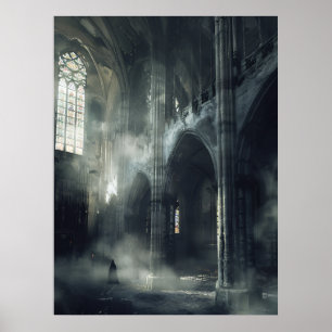 Gevleugeld figuur Verlaten gotische kathedraal Poster