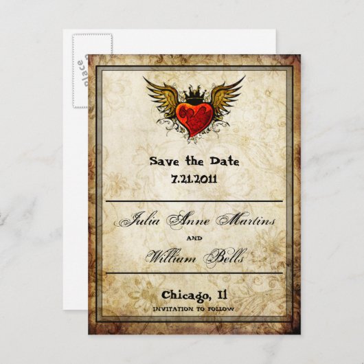 Gevleugeld Hart Sla de datum Briefkaarten (Voorkant / Achterkant)