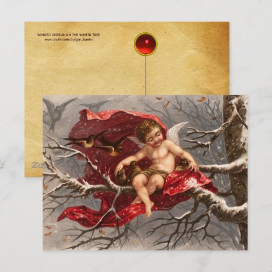 GEVLEUGELDE CHERUB OP WINTERBOOM MET VOGELS Kerstm Briefkaart (Voorkant / Achterkant)