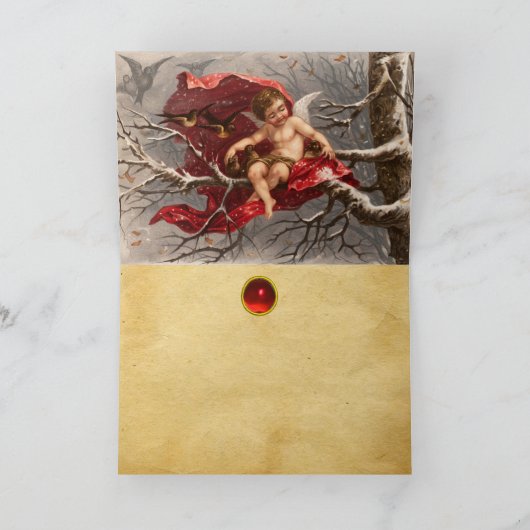 GEVLEUGELDE CHERUB OP WINTERBOOM MET VOGELS Kerstm Feestdagen Kaart (Binnen)