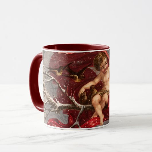 GEVLEUGELDE CHERUB OP WINTERBOOM MET VOGELS Kerstm Mok (Voorkant links)