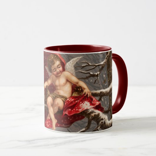 GEVLEUGELDE CHERUB OP WINTERBOOM MET VOGELS Kerstm Mok (Voorkant rechts)