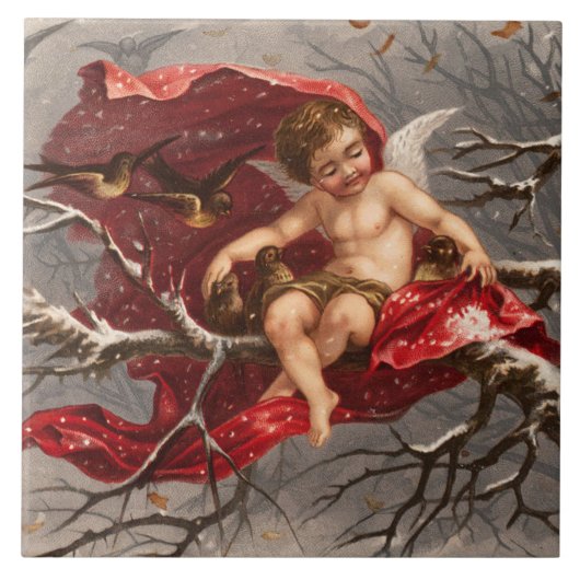 GEVLEUGELDE CHERUB OP WINTERBOOM MET VOGELS Kerstm Tegeltje (Voorkant)