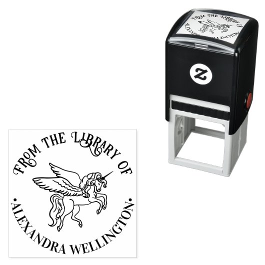 Gevleugelde eenhoorn lijn kunst ronde bibliotheek   zelfinktende stempel (In situ)