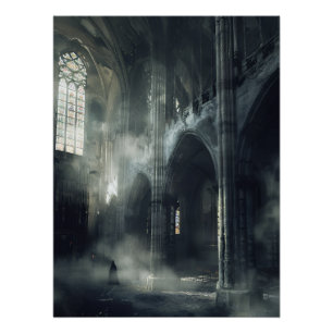 Gevleugelde figuur verlaten gotische kathedraal perfect poster