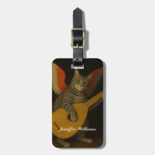 Gevleugelde muzikant kat speelt luthart bagagelabel