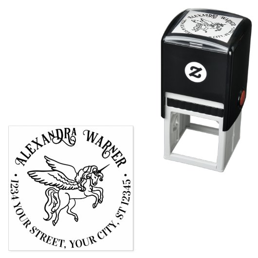 Gevleugelde Unicorn Line Art Ronde Naam Retouradre Zelfinktende Stempel (In situ)