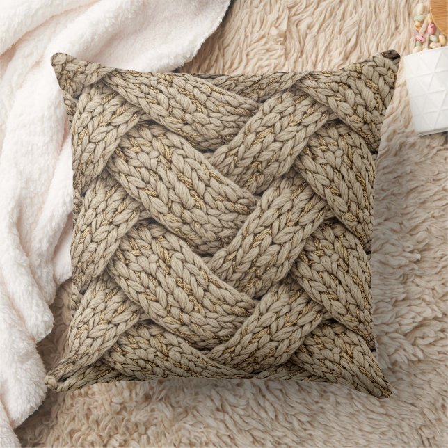 Gevlochten Gebreide Structuur – Warm Beige Kussen (Deken)