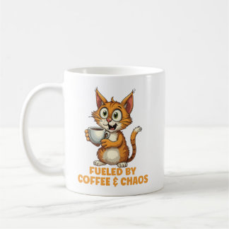 Gevoed door koffie en chaos, grappige kat met koff koffiemok