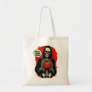 Gevoel van een prachtig skelet hand houden pompoen tote bag