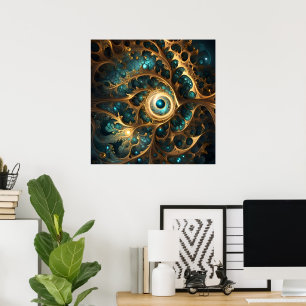 Gevoel van gezicht Blauwgroen en gouden fractal Ab Poster