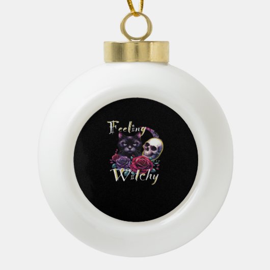 Gevoel Witchy Black Cat Classic T-shirt Keramische Bal Ornament (Voorkant)