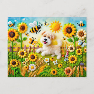 Gevoeld hondje met bijen in een zonnebloementuin briefkaart