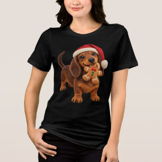 Gevoelde Daschund Kerst Puppy met Gemberkoek Tri-Blend Shirt