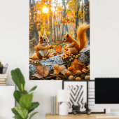 Gevoelde eekhoorns verzamelen eikels op bosbodem poster (Thuiskantoor)