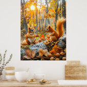 Gevoelde eekhoorns verzamelen eikels op bosbodem poster (Keuken)