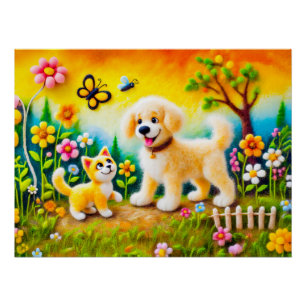 Gevoelde hond en kat in gouden zonsondergang tuin perfect poster