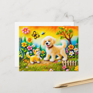Gevoelde hond en kat in gouden zonsondergangstuin briefkaart