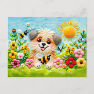 Gevoelde hond in een bloeiende tuin met bijen briefkaart