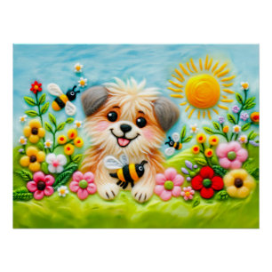Gevoelde hond in een bloeiende tuin met bijen perfect poster