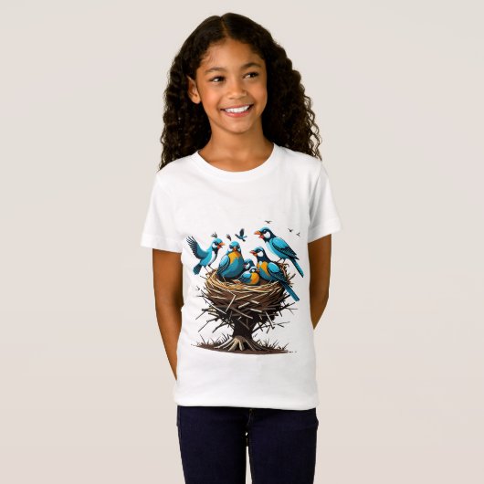 Gevoelige vogelfamilie in Nest T-shirt (Voorkant volledig)