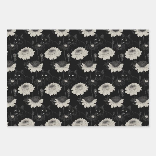 Gevoerde zwarte kat met witte bloemen inpakpapier vel (Voorkant 3)