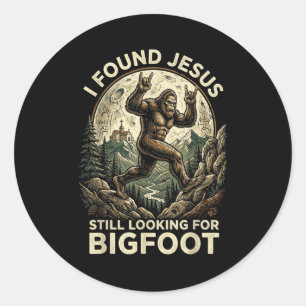 Gevonden Jezus die naar bigfoot kijkt, grappige ch Ronde Sticker