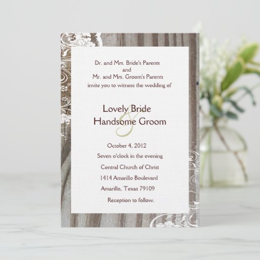 Gevorderde Houten Shabby Kant Bruiloft Uitnodiging (Staand voorkant)
